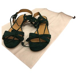 SéZane Sandalo cravatta in pelle scamosciata verde piatto
