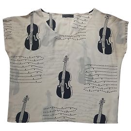 Top smanicato in seta beige con stampa Louis Féraud