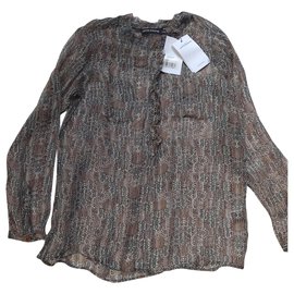 Antik Batik Blusa in Seta e Chiffon Stampata Beige Marrone Chiaro