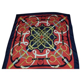 Pañuelo Hermès Sellier de seda blanco rojo azul marino