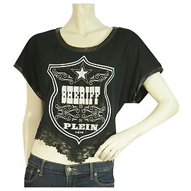 Philipp Plein camiseta negra de manga corta con diamantes de imitación de Sheriff para mujer, dobladillo de encaje