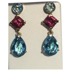 Autre Marque Orecchini d'oro 18 Kt acquamarina topazio e tormaline