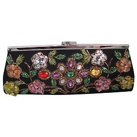 Autre Marque Pochette in tessuto multicolore ricamata con pietre e catena