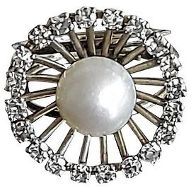 Autre Marque Anello con perla coltivata e diamanti in oro bianco e platino
