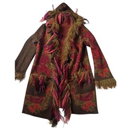 Abrigo con capucha Roberto Cavalli de lana angora y pelo Caqui Rosa