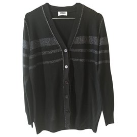 Sonia von Sonia Rykiel schwarze lange Strickjacke mit glänzenden silbernen Fadenstreifen Größe S. - Sonia By Sonia Rykiel
