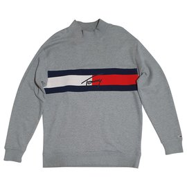 Tommy Hilfiger Tommy Jeans Sweatshirt grau mit Logo Baumwolle Gr L