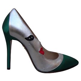 Décolleté Charlotte Olympia Pelle Argento e Tessuto Verde Taglia 39