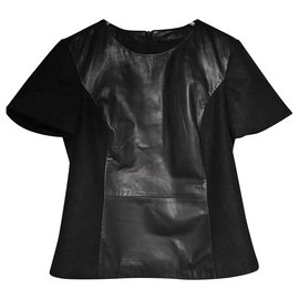 Massimo Dutti Schwarzes Kurzarm Oberteil aus Leder und Wolle