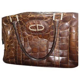 Borsa a mano Christian Dior Boston in coccodrillo marrone