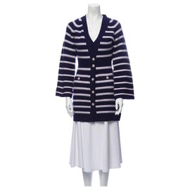 Chanel Gestreiftes Kaschmir Cardigan Set Blau