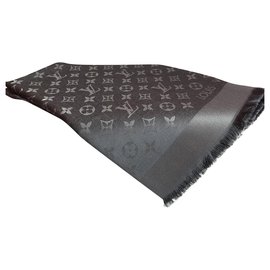 Sciarpa Louis Vuitton Shine Monogram in seta grigio scuro