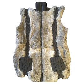 Autre Marque Anthrazitgraue Strickjacke aus Wolle mit Kaninchenfell Plastron