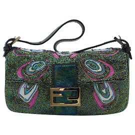 Fendi Baguette Ricamo Pavone Multicolore e Perline in Raso