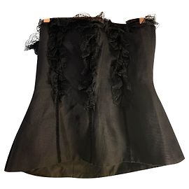 Saint Laurent Top de seda con detalles de encaje negro