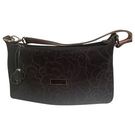 Borsa a mano Longchamp in scamosciato nero con cuciture rosa