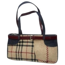 Borsa Burberry Baguette Beige Denim e Pelle Bordeaux