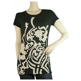 John Richmond T-shirt con stampa astratta bianca nera Taglia superiore con strass 44