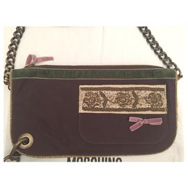Borsa a tracolla Moschino in pelle marrone e velluto