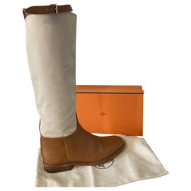 Botas Hermès Bardigiano de cuero y lona H Panamá caramel