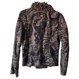 Giacca di jeans Kenzo Stampa fiori e simboli cinesi Blu scuro