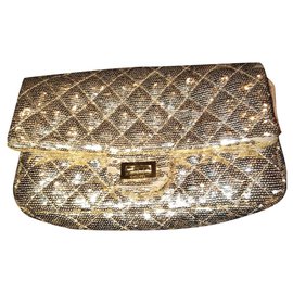 Bolso Chanel 2.55 de Piel y Lona Beige con Lentejuelas Doradas