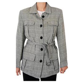 Veste longue ceinturée Yves Saint Laurent Gris Blanc