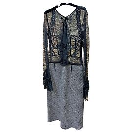 Vestido midi Louis Vuitton negro blanco gris algodón lana
