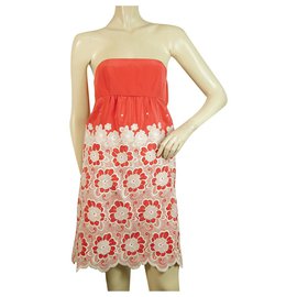 Tibi 100% Silk Red & White Floral trägerloses Minikleid Größe 2
