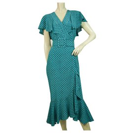 Vestido largo de seda Michael Kors turquesa con lunares negros