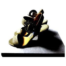 Jimmy Choo Mischa Sandalen Beige Bast mit Kristallschnallen 37