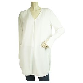 Camicetta setosa bianca a maniche lunghe Dondup scollo a V lunga lunghezza taglia superiore 40
