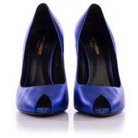 Saint Laurent Blaue Metallic Peeptoe Pumps Metall