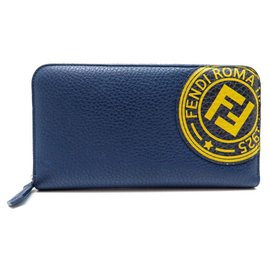 NEUF PORTEFEUILLE FENDI SIGNATURE CONTINENTAL ZIPPE 7M0210 CUIR GRAINE BLEU - Fendi
