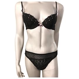 Completo lingerie in pizzo nero e strass rosa - Autre Marque