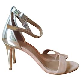 Tory Burch Ellie Ankle Strap Sandals Beige Suede Metallic Leather