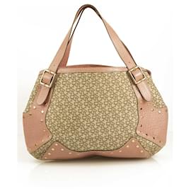 Donna Karan DKNY Signature Beige Canvas Pink Leather Studded Hobo Shoulder bag - Dkny