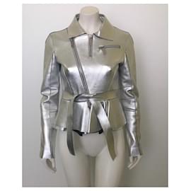Giacca Biker in Pelle Dsquared2 Godet Hem con Cintura Argento Metallizzato