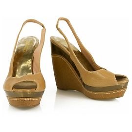 Sebastian Brown Leather Bronze Wedge Heel Sandale Plateau Peep Toe Schuhe SZ 36.5