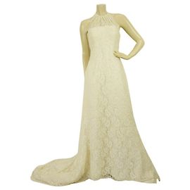 Pronovias Weißes, bodenlanges Brautkleid mit Perlenstickerei und Spitzenkleid 42 ES