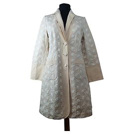 Americana Abrigo Largo Blumarine Beige Bordado Floral Algodón