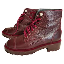Botines Chanel Rojo Oscuro Cuero y Terciopelo 39