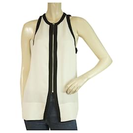 Helmut Lang Camicetta lunga in seta avorio e nera senza maniche con zip frontale taglia S/P