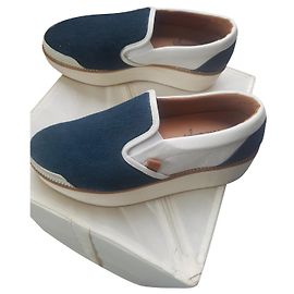 Flamingos Slip On Plateau Schuhe Weißes Leder Marineblau