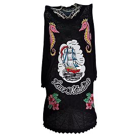 Love Moschino Hippocampe Perforiertes Textil Kurzes Tunikakleid Street Black T42/ IT46