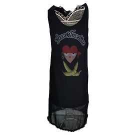 Love Moschino Abito lungo a canotta a trapezio 117 cm fondo nero trasparente stampa multico davanti a T42