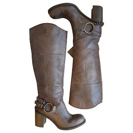 Janet & Janet - Botas com salto e corrente de metal em couro marrom acastanhado, Espírito do rock