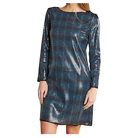 Autre Marque STEFANEL - Vestido corto de tartán lentejuelas pavo real corto manga larga azul rojo negro T42