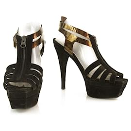Marni Cage Sandalen Plateaus aus schwarzem Wildleder und Metallic-Leder – Sz38