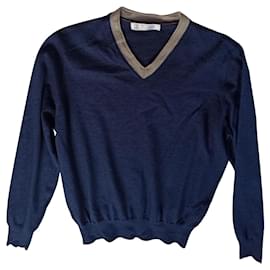 Brunello Cucinelli blauer Pullover aus Kaschmir und Seide mit V-Ausschnitt